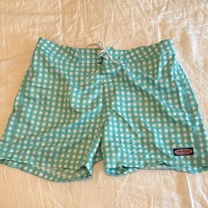 Vineyard Vines Teal and White Checkered Swim Shorts